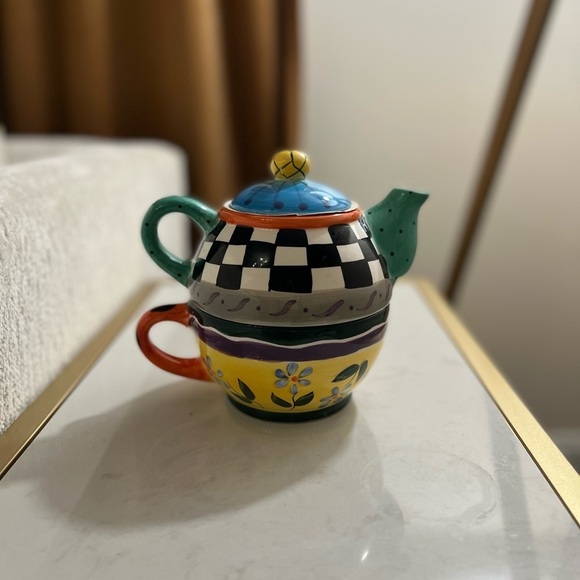 New Multicolor Hand-painted Tea Pot and Tea Cup Set - Picture 1 of 8